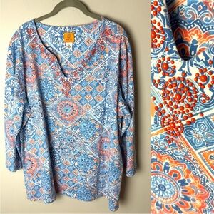 Ruby Rd. Blouse Plus Size 2X Top 3/4 Sleeves Decorative Neckline Stretch Blue